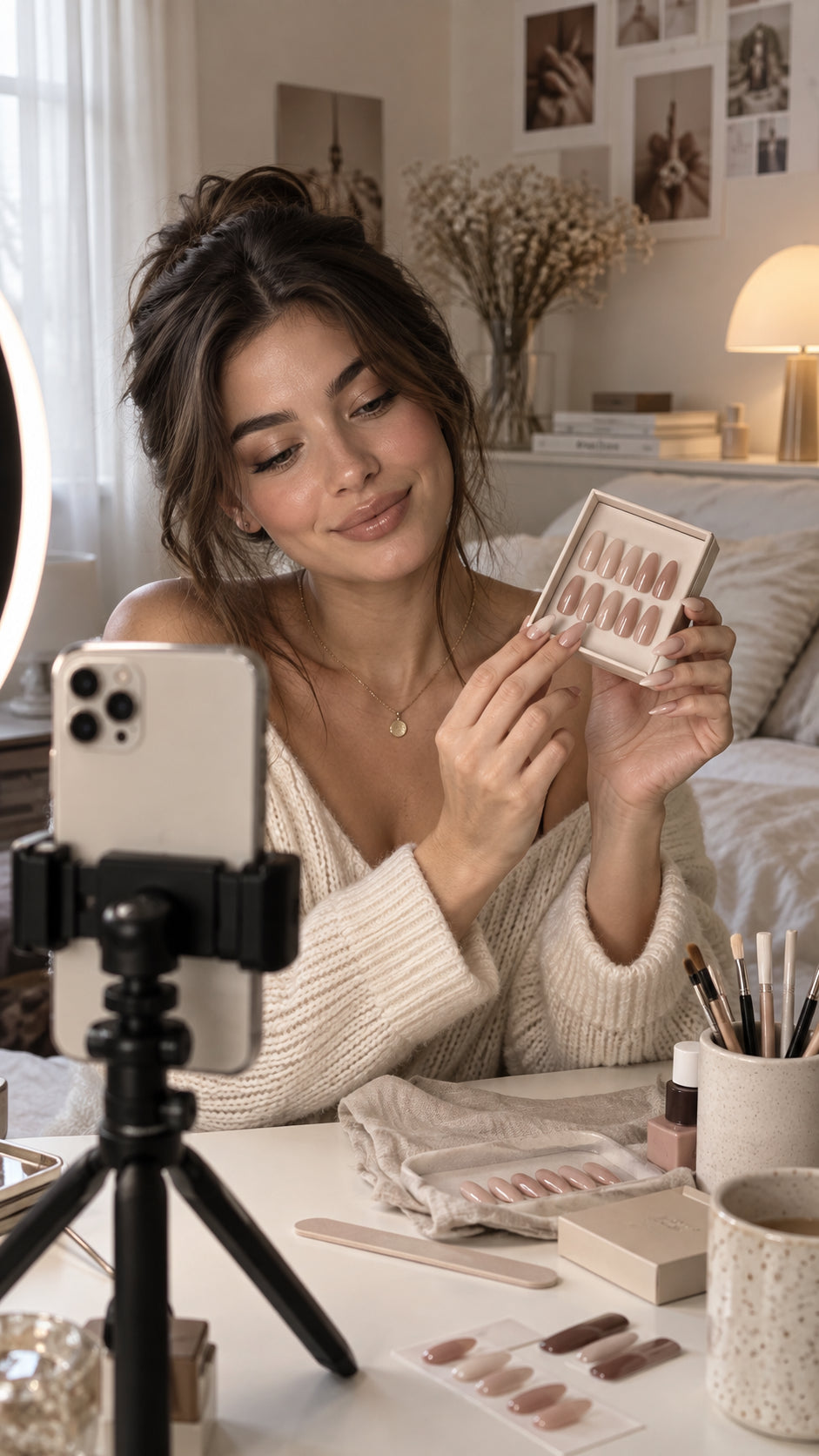 Creator recording a press-on nail tutorial
